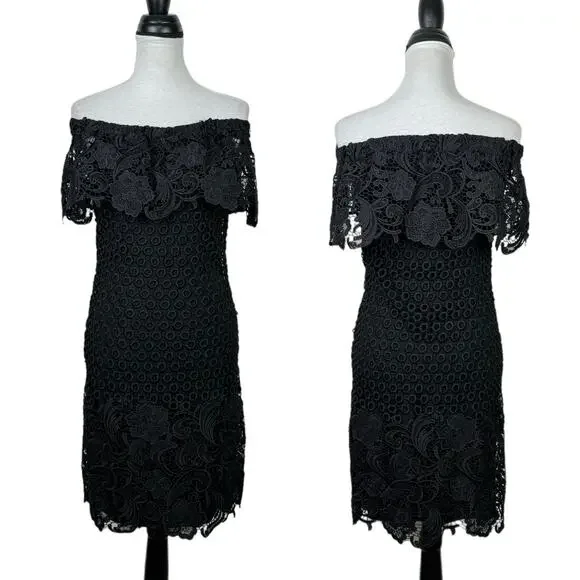 Tahari ASL NWT Amy Black Lace Off the Shoulder Cocktail Party Sheath Dress - Picture 2 of 12